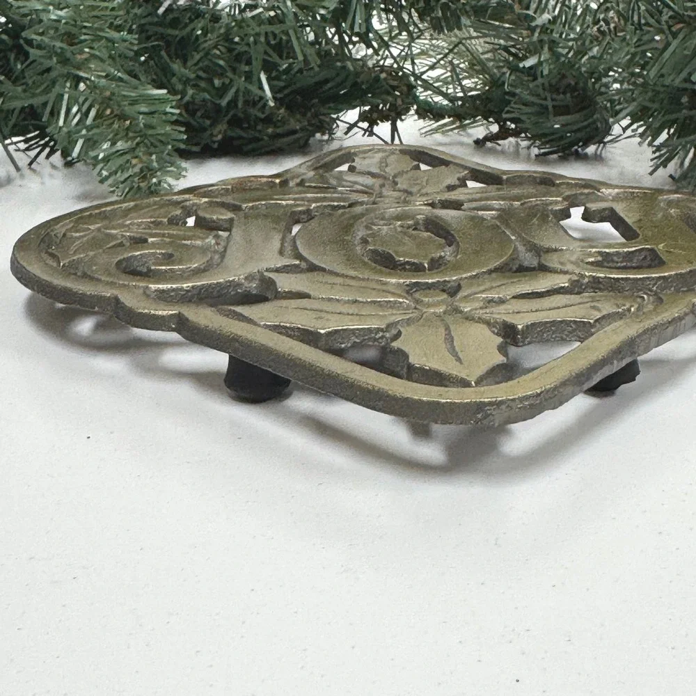 Vintage Metal Joy Trivet Holly Leaf Christmas Holiday Wall Decor Sign Brass Tone